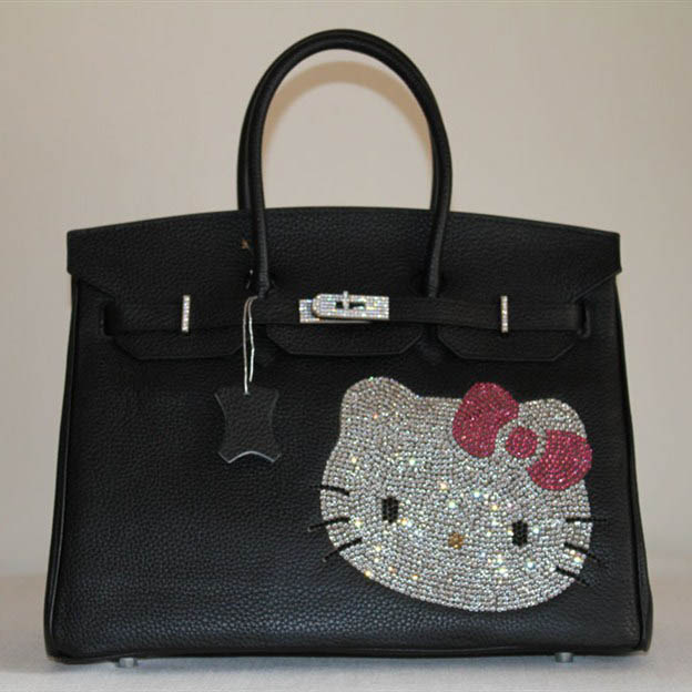 High Quality Fake Hermes Birkin Hello Kitty 35CM Togo Leather Bag Black HK0001 (8)